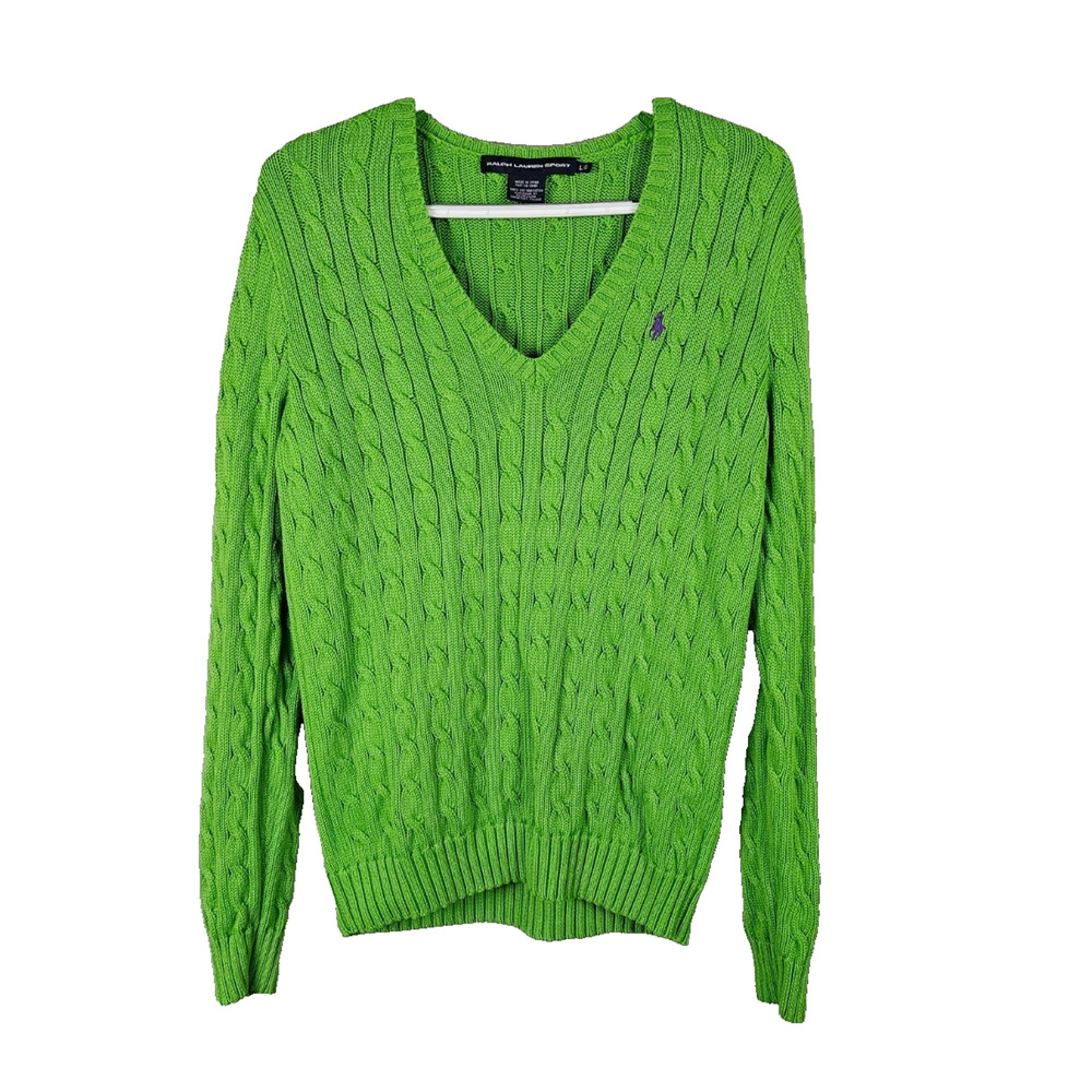 Ralph Lauren Sport Cable Knit V Neck Sweater Embroidered Pony Women L Lime Vtg